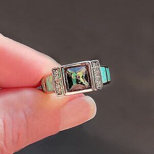 New - Rainbow Topaz, Green Fire Opal and White Topaz Silver Ring - Size 8